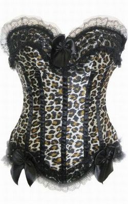 Black Leopard Pattern Corset with Rufled Trim and Ribbon Details 